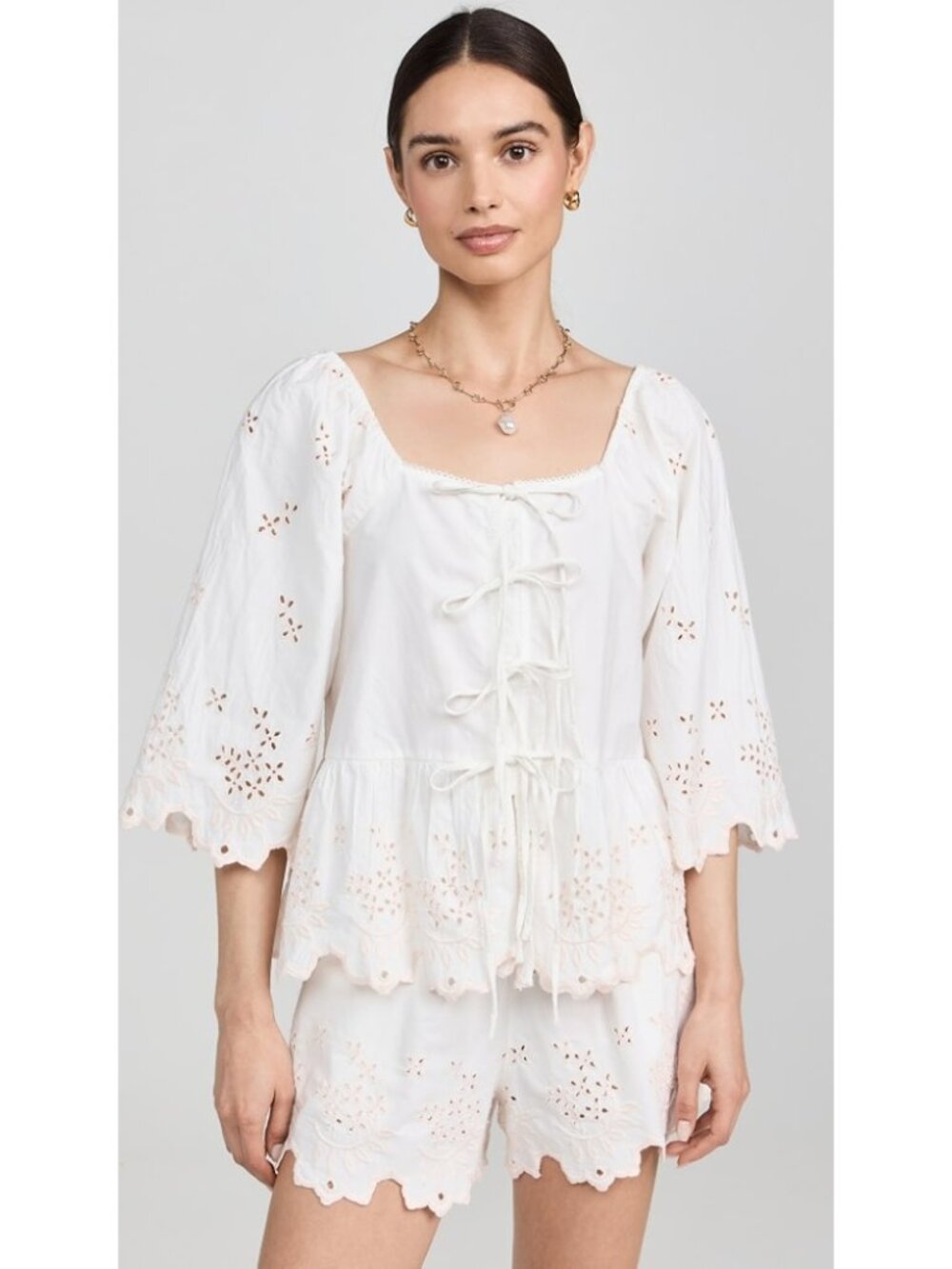 Damson Madder Lana Blouse & Short SET White Broderie Tie Cotton Cottage Boho 6